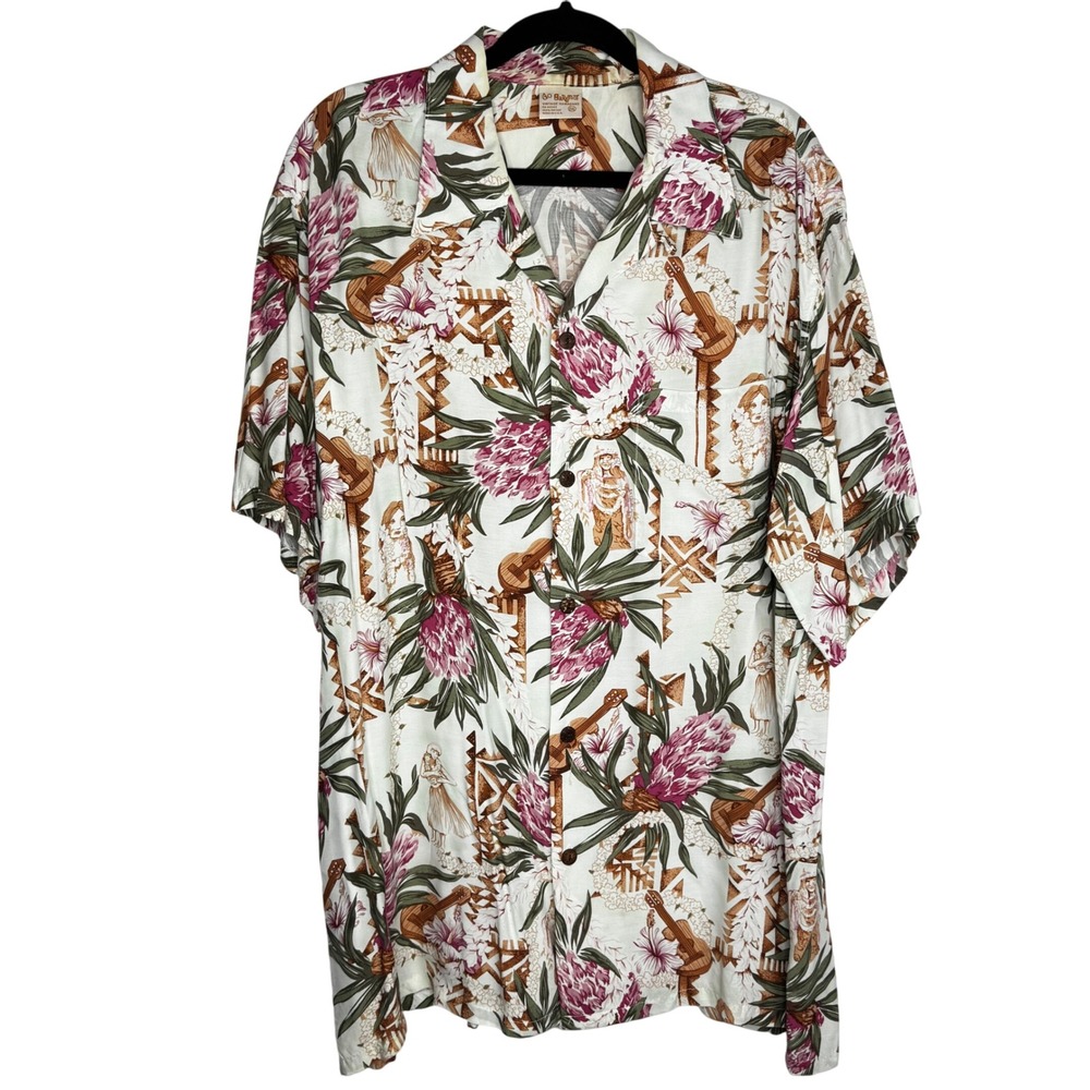 Go Barefoot‎ Vintage Hawaiian Shirt Mens 2XL Floral Ukulele Vacation Made in USA